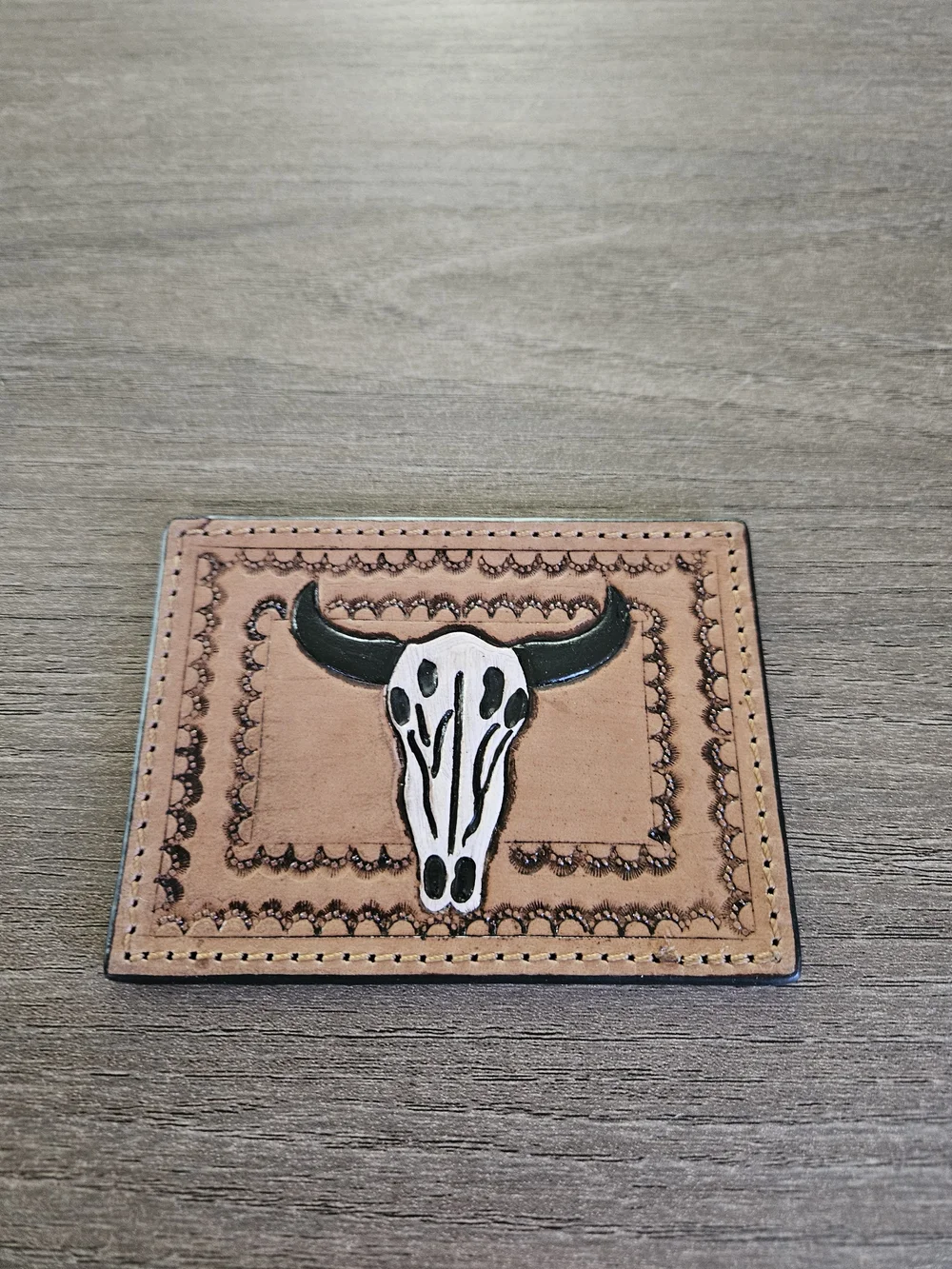 Handcrafted Tan Leather Card Holder with Bull Skull Accent
